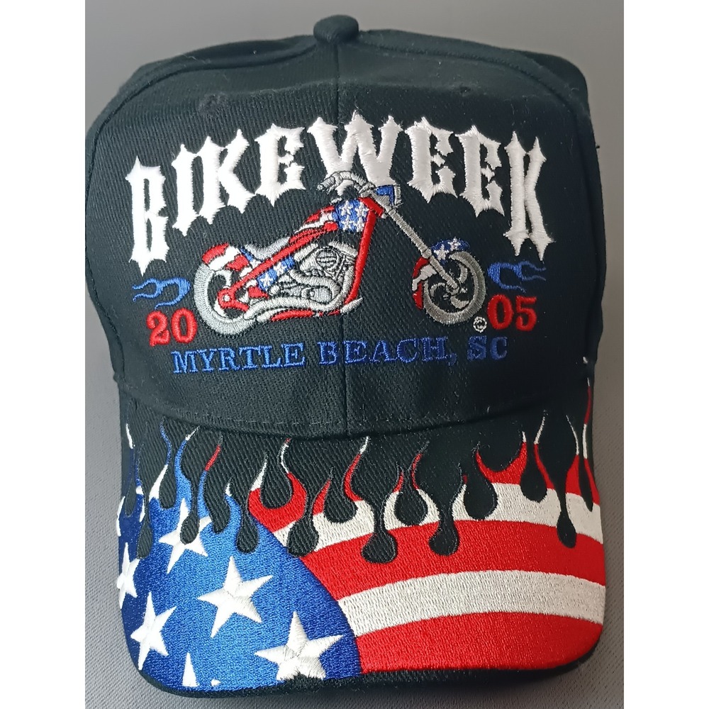 Vintage‎  Bike Week 2005 Myrtle Beach SC Bike Snapback Hat American Flag Flames